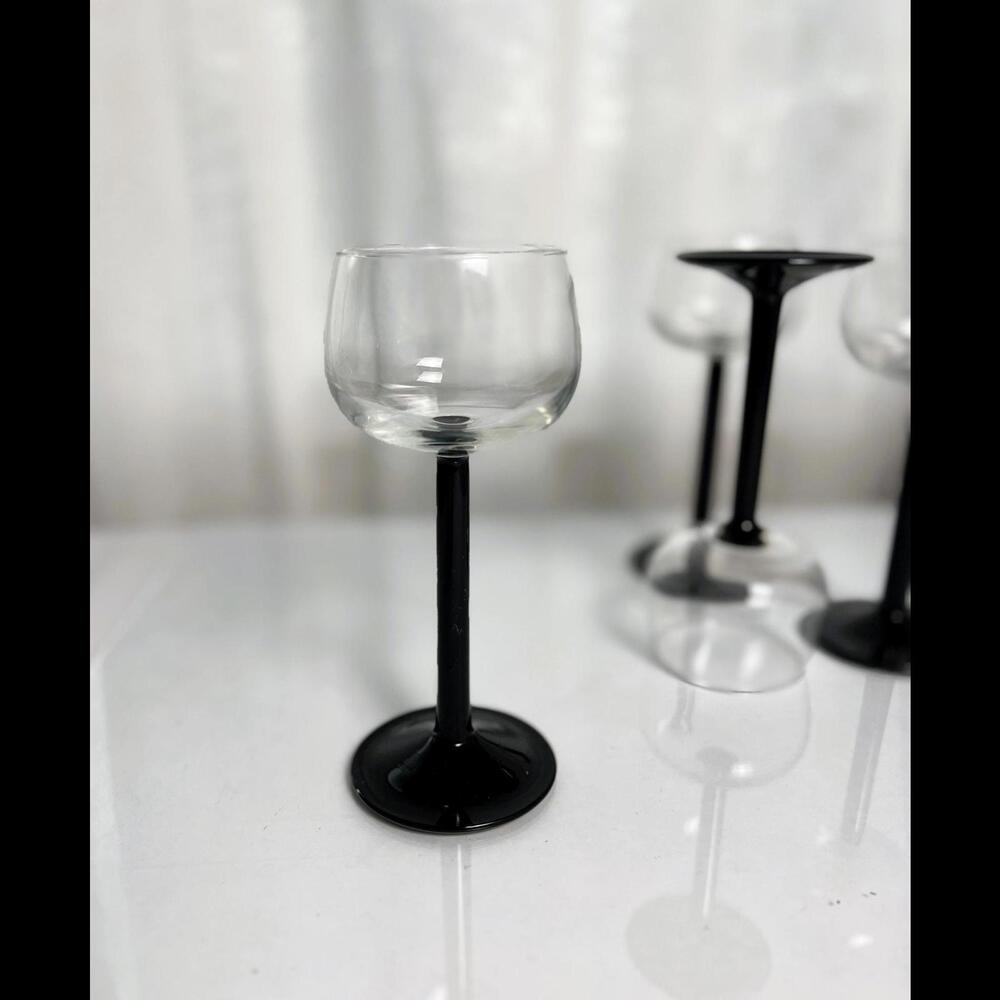 Five Vintage Luminarc France Domino Black Stem Wine Glasses | 90's Barware